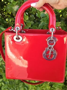Christian Dior Patent Leather Lady Dior Medium w/Strap RED authenticated